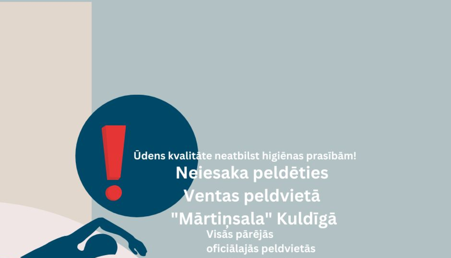 Grafisks uzraksts par to, ka neiesaka peldēties Ventas peldvietā Mārtiņsala Kuldīgā.