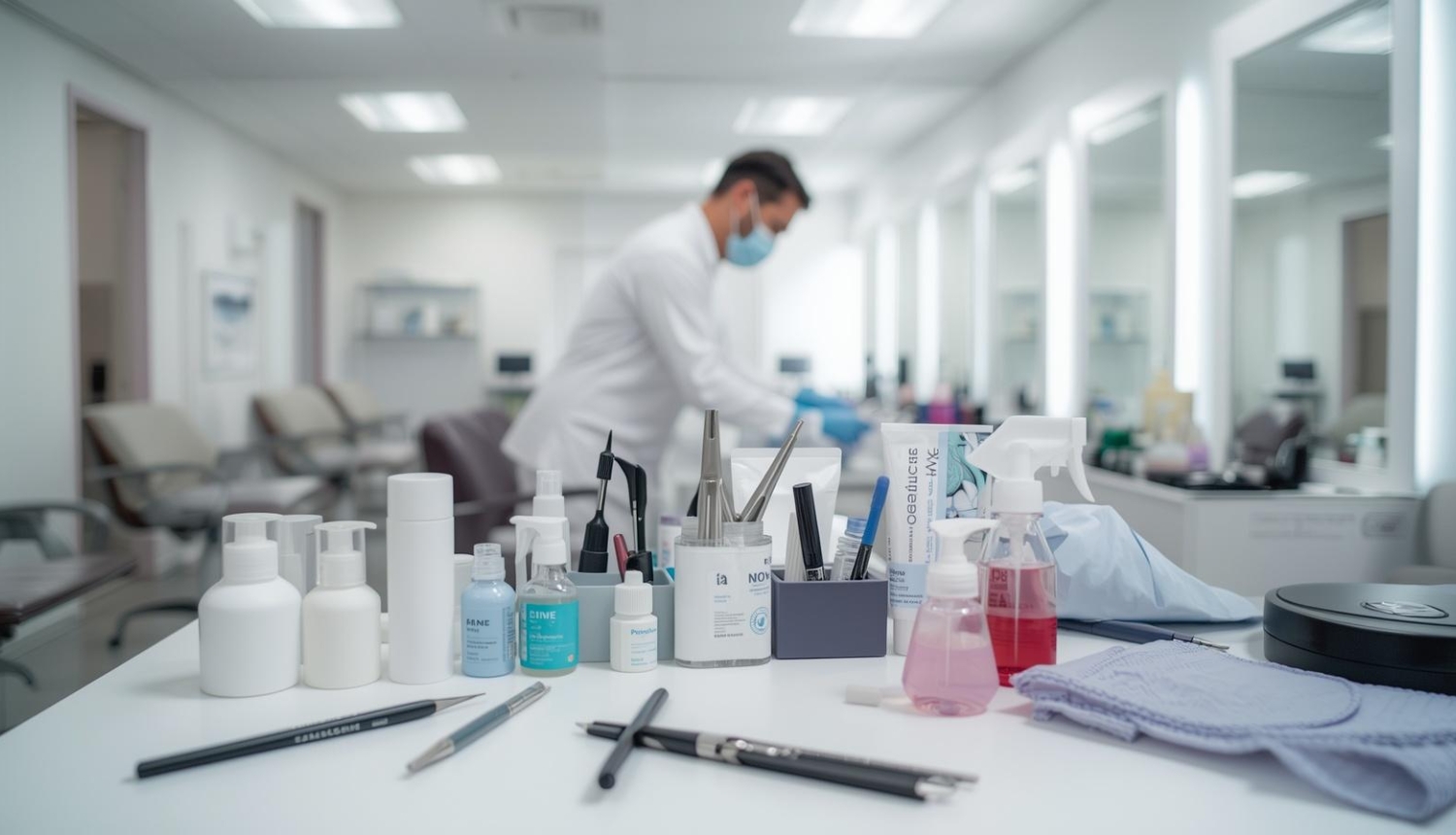 Profesionāls skaistumkopšanas salons ar tīru, sterilu darba vidi. Uz galda redzami skaistumkopšanas instrumenti
