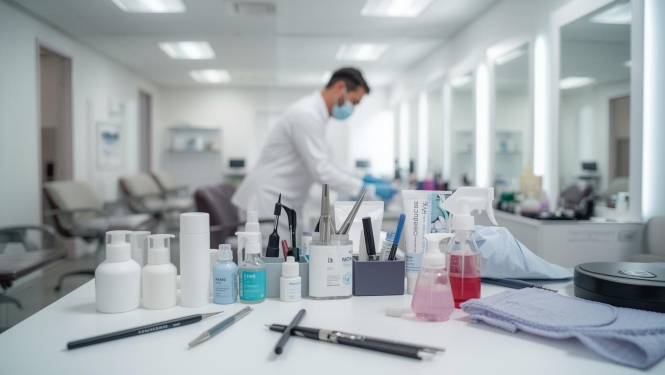 Profesionāls skaistumkopšanas salons ar tīru, sterilu darba vidi. Uz galda redzami skaistumkopšanas instrumenti