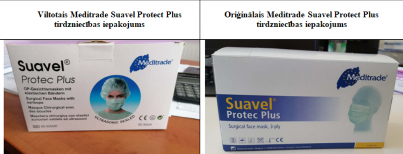 ķirurģisko sejas masku Meditrade Suavel Protec Plus oriģinālo un viltojuma tirdzniecības iepakojumi