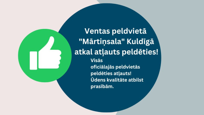 Grafiska ilustrācija par to, ka Ventas peldvietā Mārtiņsala atkal atļauts peldētis