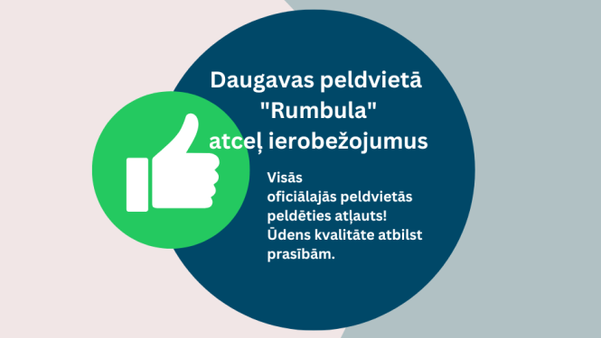 Grafisks uzraksts par peldēšanās ierobežijuma atcelšanu Rumbulā