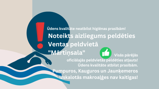Grafisks uzraksts par peldēšanās aizliegumu Ventas peldvietā Kuldīgā