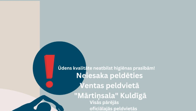 Grafisks uzraksts par to, ka neiesaka peldēties Ventas peldvietā Mārtiņsala Kuldīgā.