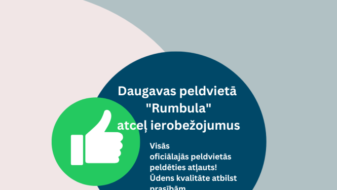 Grafisks uzraksts par peldēšanās ierobežijuma atcelšanu Rumbulā