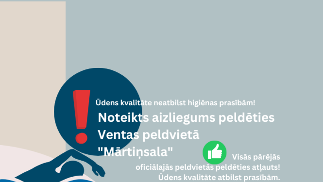 Grafisks uzraksts par peldēšanās aizliegumu Ventas peldvietā Kuldīgā