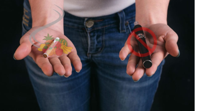 Augšup vērstas cilvēka plaukstas. Vienā rokā cigarete, otrā kūpināmās tabakas ierīce