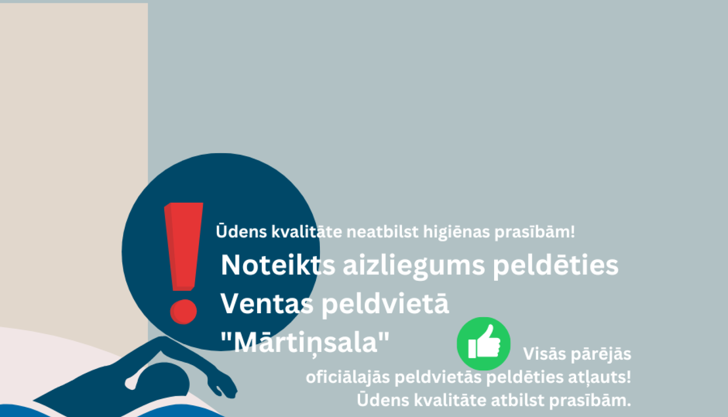 Grafisks uzraksts par peldēšanās aizliegumu Ventas peldvietā Kuldīgā