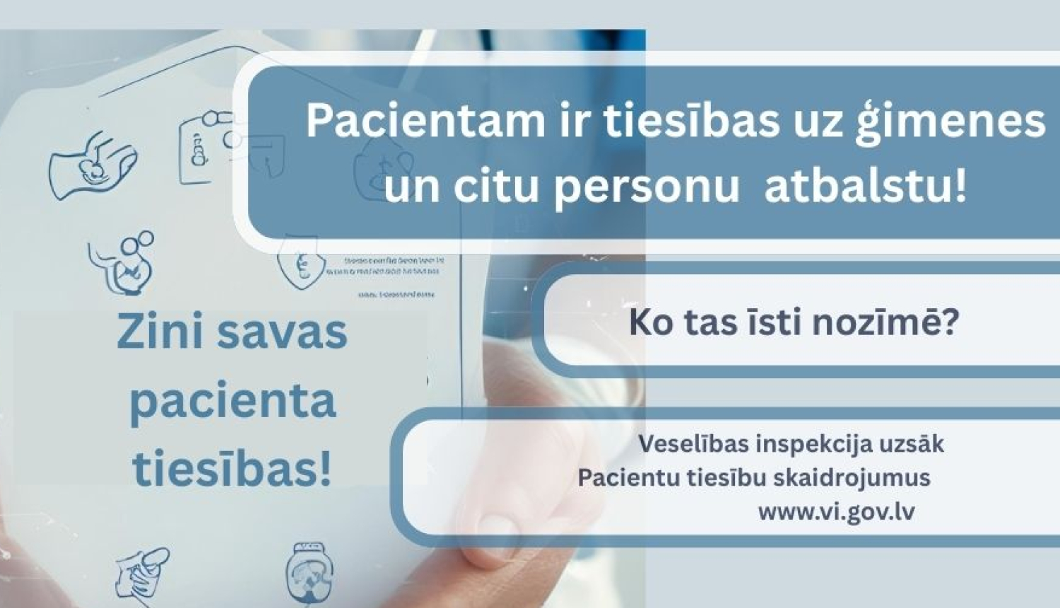 Grafisks attēls ar medicīnas personas plaukstām, kuras tur uzrakstu zini savas pacienta tiesības