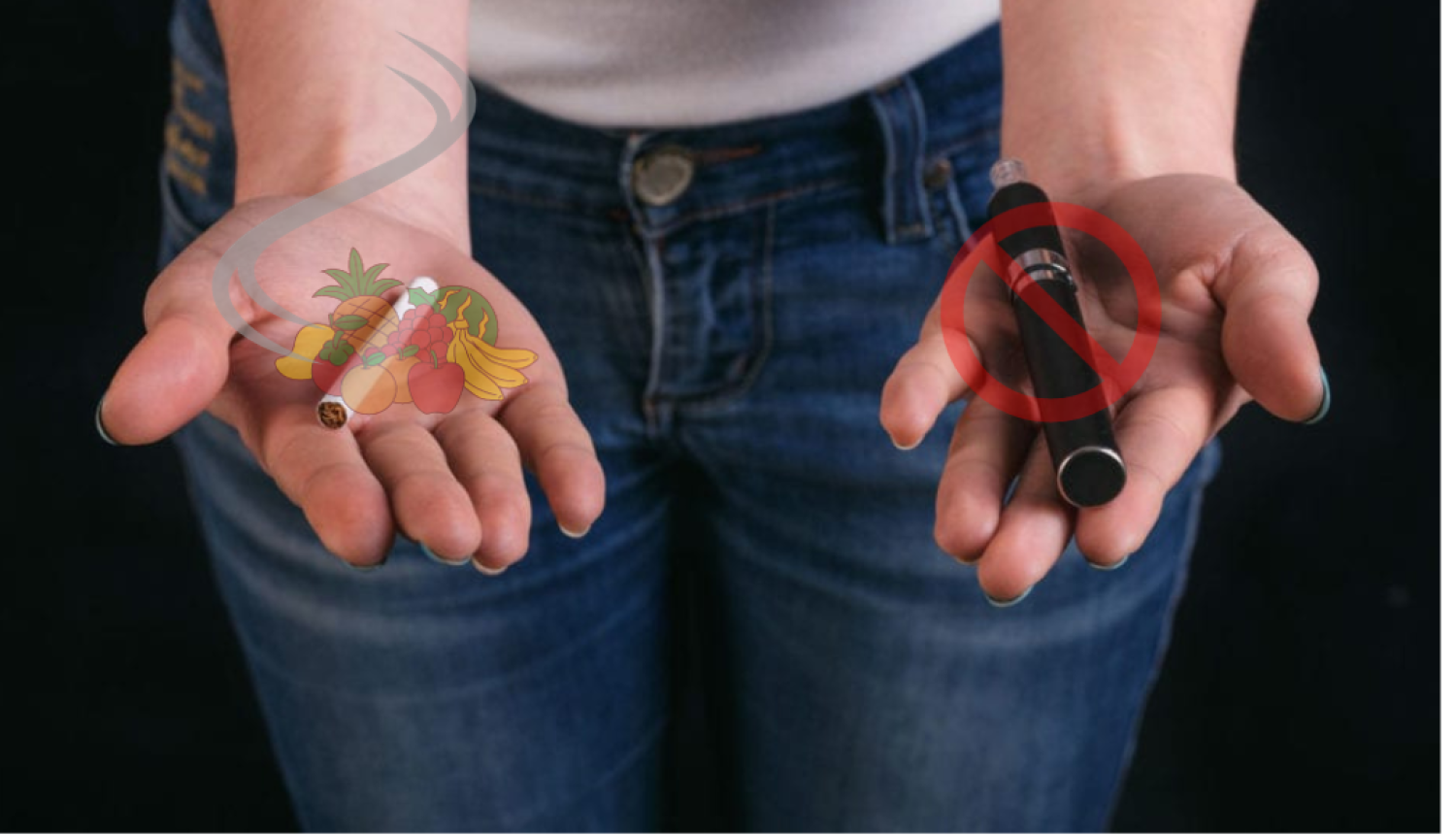 Augšup vērstas cilvēka plaukstas. Vienā rokā cigarete, otrā kūpināmās tabakas ierīce